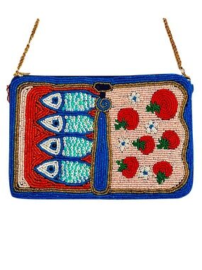 Sardines in Tin Can Tomato Crossbody Mini Clutch Bag, Tin Can Beaded Bag